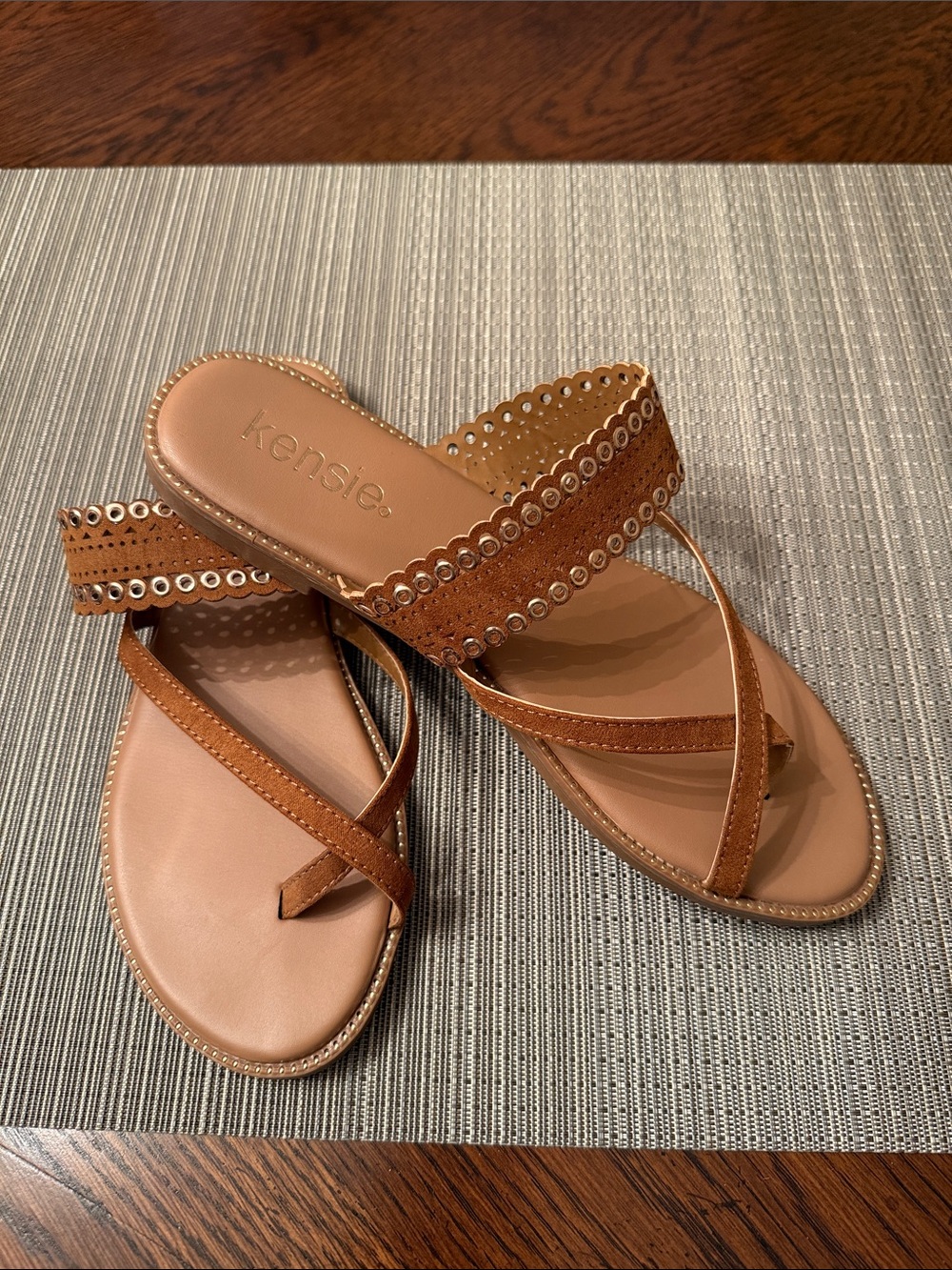Kensie Brown Tan Leather Eyelet Slide Sandals